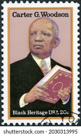 MOSCOW, RUSSIA - FEBRUARY 01, 2021: A stamp printed in USA shows Carter Godwin Woodson (1875-1950), Writer, Black Heritage Series, 1984