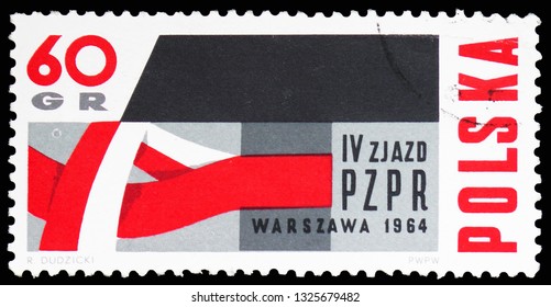 MOSCOW, RUSSIA - FEBRUARY 10, 2019: A Stamp Printed In Poland Shows Red And White Ribbon Around Hammer, 4th Congress Of The Polish United Workers Party Serie, Circa 1964