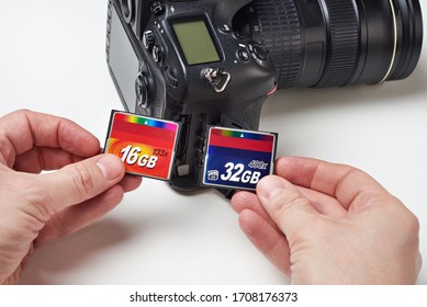 Moscow , RUSSIA - February 11, 2016: Nikon DSLR Camera And Flash Card CF Isolated