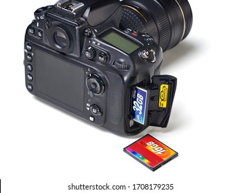 Moscow , RUSSIA - February 11, 2016: Nikon DSLR Camera And Flash Card CF Isolated