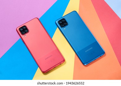 Moscow, Russia - February 11, 2021: Smartphone Samsung Galaxy A12 SM-A125F on a colored background.