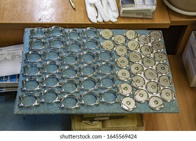 Moscow, Russia - February 14, 2020: Component Parts Of The Watch Factory Nika Products. Manufacture Of Wristwatches And Precious Metal Products