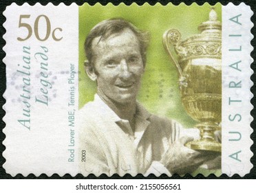MOSCOW, RUSSIA - FEBRUARY 19, 2022: A stamp printed in Australia shows Rodney George Laver ( born 1938), tennis player, Australian Legends, 2003