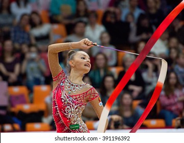 MOSCOW, RUSSIA - FEBRUARY 20, 2016: Arina Averina, Ribbon, Russia, On Rhythmic Gymnastics Alina Cup Grand Prix