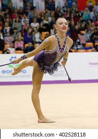 MOSCOW, RUSSIA - FEBRUARY 20, 2016: Melitina Staniouta, Clubs, Belarus, On Rhythmic Gymnastics Alina Cup Grand Prix