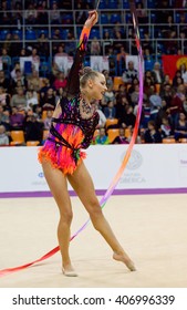 MOSCOW, RUSSIA - FEBRUARY 20, 2016: Melitina Staniouta, Belarus, Ribbon, On Rhythmic Gymnastics Alina Cup Grand Prix