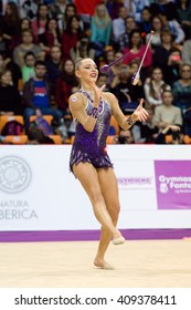 MOSCOW, RUSSIA - FEBRUARY 20, 2016: Melitina Staniouta, Clubs, Belarus, On Rhythmic Gymnastics Alina Cup Grand Prix