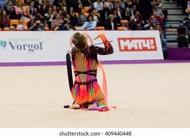 MOSCOW, RUSSIA - FEBRUARY 20, 2016: Melitina Staniouta, Belarus, Ribbon, On Rhythmic Gymnastics Alina Cup Grand Prix