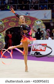 MOSCOW, RUSSIA - FEBRUARY 20, 2016: Melitina Staniouta, Belarus, Ribbon, On Rhythmic Gymnastics Alina Cup Grand Prix