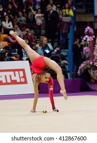 MOSCOW, RUSSIA - FEBRUARY 20, 2016: Margarita Mamun, Russia, Clubs, On Rhythmic Gymnastics Alina Cup Grand Prix