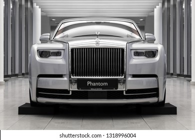 Moscow, Russia - February, 2019: The Rolls Royce Phantom VIII At Dealer Showroom