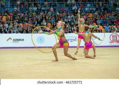 MOSCOW, RUSSIA - FEBRUARY 21, 2016: Group Exercises, The Team Of Finland On Rhythmic Gymnastics Alina Cup Grand Prix Moscow - 2016 In Moscow Sport Palace Luzhniki, Russia