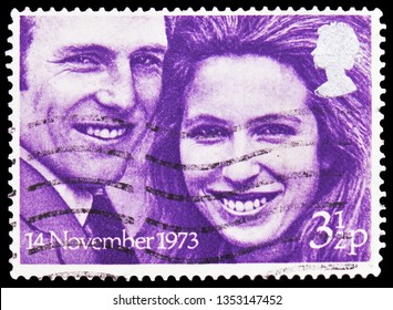 MOSCOW, RUSSIA - FEBRUARY 21, 2019: A Stamp Printed In United Kingdom Shows Princess Anne And Captain Mark Philips, Royal Weddings Serie, Circa 1973