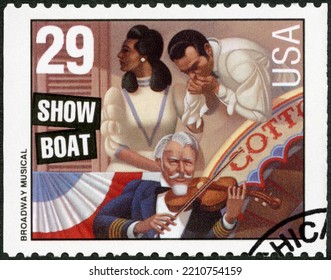 MOSCOW, RUSSIA - FEBRUARY 22, 2022: A Stamp Printed In USA Shows Show Boat, Broadway Musical, American Music Series, 1993