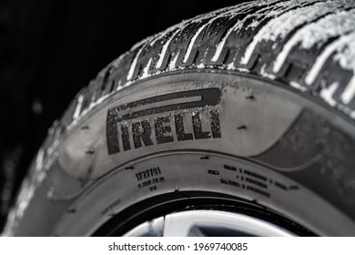 MOSCOW, RUSSIA - FEBRUARY 23, 2021 Pirelli Tires wheel close up view. Pirelli Scorpion model tire logo close up view. Winter tires. 