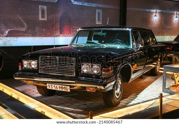 Moscow, Russia - February 24, 2022: Russian\
government limousine ZIL 4104 in the Museum of the Special Purpose\
Garage of the FSO of\
Russia.
