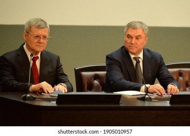 MOSCOW, RUSSIA - FEBRUARY 28, 2019:The Prosecutor General Of The Russian Federation Yuri Chaika And The Chairman Of The State Duma Of The Federal Assembly Of The Russian Federation Vyacheslav Volodin.