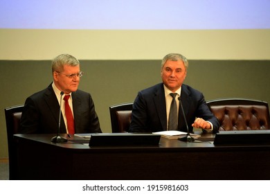 MOSCOW, RUSSIA - FEBRUARY 28, 2019:The Prosecutor General Of The Russian Federation Yuri Chaika And The Chairman Of The State Duma Of The Federal Assembly Of The Russian Federation Vyacheslav Volodin