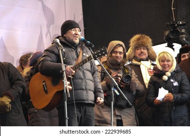 Moscow, Russia - February 4, 2012. Musician Yuri Shevchuk On The Stage Of Opposition Rally. The March And Rally For Fair Elections