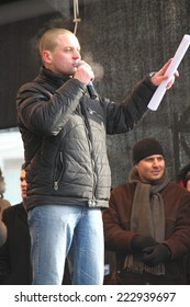 Moscow, Russia - February 4, 2012. Politician Sergei Udaltsov On The Stage Of Opposition Rally. The March And Rally For Fair Elections