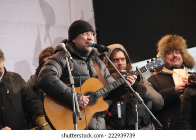 Moscow, Russia - February 4, 2012. Musician Yuri Shevchuk On The Stage Of Opposition Rally. The March And Rally For Fair Elections