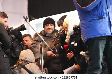 Moscow, Russia - February 4, 2012. Musician Yuri Shevchuk On The Stage Of Opposition Rally. The March And Rally For Fair Elections