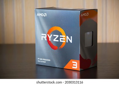 Moscow, Russia - February 4, 2021: AMD Ryzen 3 CPU Box On The Table