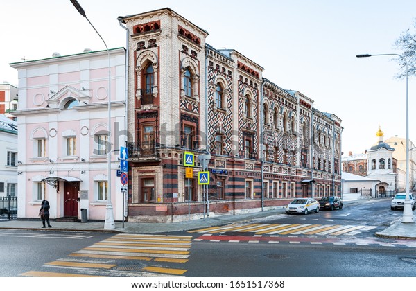 MOSCOW, RUSSIA - FEBRUARY 8, 2020: apartment\
house of Constantinople Patriarchal Compound on Krapivensky Lane.\
The building was erected in 1887-1892 for courtyard of Ecumenical\
Patriarchate