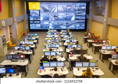 Moscow, Russia - February 9, 2018: Operators Work In Road Traffic Control Center