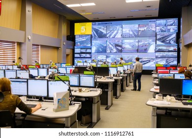 Moscow, Russia - February 9, 2018: Operators Work In Road Traffic Control Center