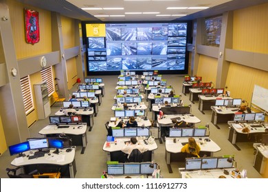 Moscow, Russia - February 9, 2018: Operators Work In Road Traffic Control Center