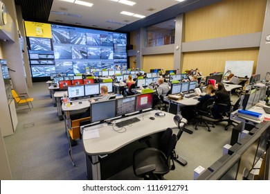 Moscow, Russia - February 9, 2018: Operators Work In Road Traffic Control Center