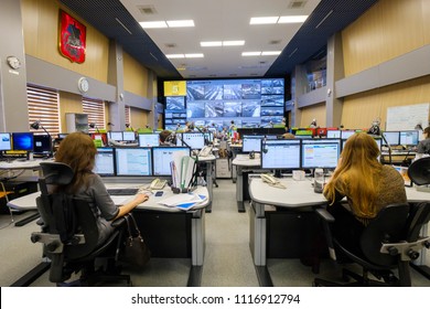 Moscow, Russia - February 9, 2018: Operators Work In Road Traffic Control Center