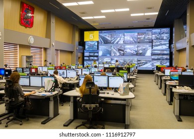 Moscow, Russia - February 9, 2018: Operators Work In Road Traffic Control Center