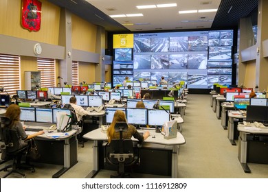 Moscow, Russia - February 9, 2018: Operators Work In Road Traffic Control Center