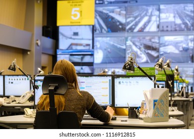 Moscow, Russia - February 9, 2018: Operators Work In Road Traffic Control Center