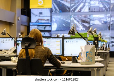 Moscow, Russia - February 9, 2018: Operators Work In Road Traffic Control Center