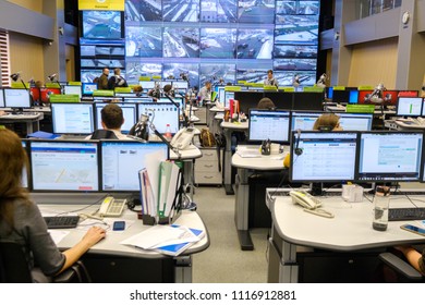 Moscow, Russia - February 9, 2018: Operators Work In Road Traffic Control Center