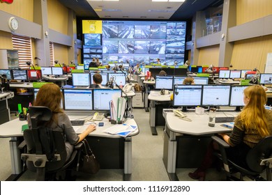 Moscow, Russia - February 9, 2018: Operators Work In Road Traffic Control Center