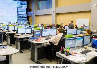 Moscow, Russia - February 9, 2018: Operators Work In Road Traffic Control Center