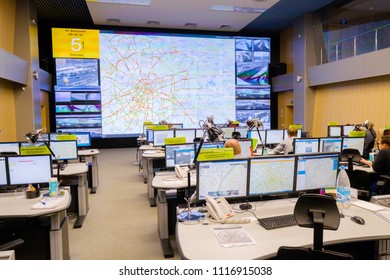 Moscow, Russia - February 9, 2018: Operators Work In Road Traffic Control Center