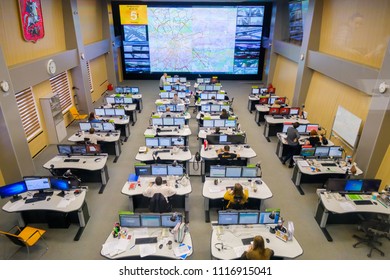 Moscow, Russia - February 9, 2018: Operators Work In Road Traffic Control Center