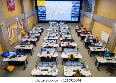 Moscow, Russia - February 9, 2018: Operators Work In Road Traffic Control Center