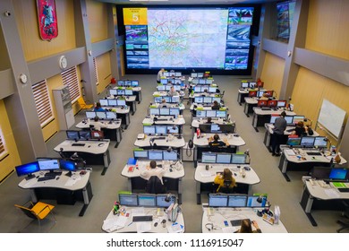 Moscow, Russia - February 9, 2018: Operators Work In Road Traffic Control Center