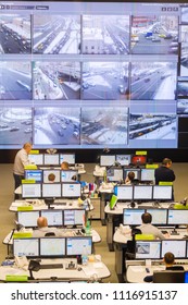 Moscow, Russia - February 9, 2018: Operators Work In Road Traffic Control Center