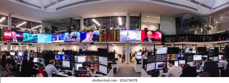 MOSCOW, RUSSIA - JAN 30, 2018: Panoramic view to trading floor of the Sberbank CIB stock exchange in Moscow on Jan 30, 2018. It is the largest trading floor in Europe with 4000 square meters area.