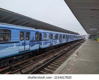 Moscow, Russia - January 04 2022: New Year's Subway Train. The Only One In This Style. Vykhino Metro Station.