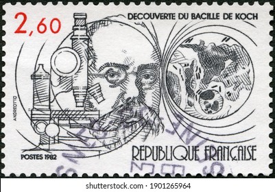 MOSCOW, RUSSIA - JANUARY 08, 2021: A Stamp Printed In France Shows Robert Heinrich Hermann Koch (1843-1910), Discoverer Of Tubercle Bacillus, 1882, Nobel Prize In Physiology Or Medicine, 1982
