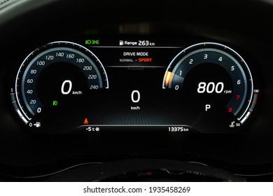 MOSCOW, RUSSIA - JANUARY 10, 2021 KIA XCeed. AWD Hatchback SUV. New KIA XCeed Crossover Model Year 2020. KIA Interior Close Up View. Car Dashboard View. 