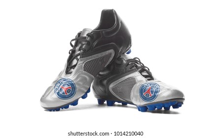 MOSCOW / RUSSIA - January 12, 2018: FC Paris Saint-Germain - football boots. Isolated on white.